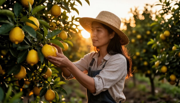 A woman is harvesting lemons from a lemon tree. The woman carefully picks ripe lemons as the sun sets in the background, illuminating the lemon grove.