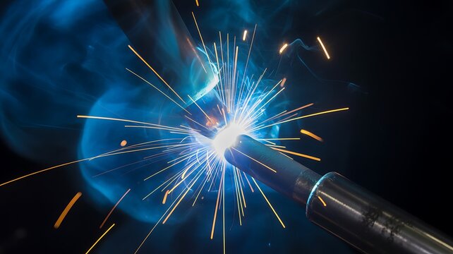 Welding torch with bright sparks and metal fusion in dark industrial setting for manufacturing and engineering concept