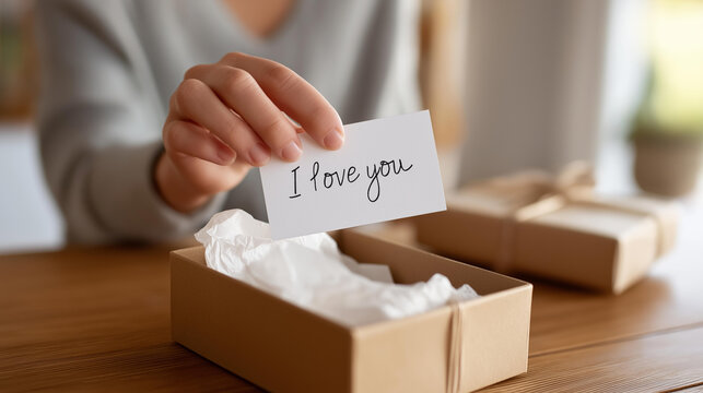 Close-up of a small hand placing a handwritten 'I love you' note inside a gift box with tissue paper, personal holiday message concept, tender gift idea, with copy space