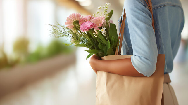 Rear view of a teenager carrying a shopping bag with flower stems peeking out walking through a bright hallway, holiday errand concept, gift preparation moment, defocused background, with