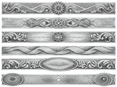 Print  Ultra Detailed Guilloche Line Pattern Strips, Banknote Micro Engraving Texture, Intricate Security Print Curves and Radial Loops, Luxury Monochrome Vector Set on White Background 