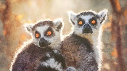 Fototapeta premium Gentle lemurs gaze warmly a watercolor portrait of forest life bathed in soft sunlight hues