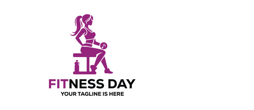Empower your brand with this Fitness Day logo featuring a female athlete with a dumbbell. This elegant vector silhouette is ideal for women's gyms, personal training, and wellness.