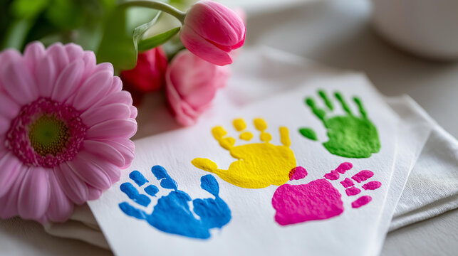 Flat lay of colorful finger-painted hearts on white paper next to a fresh flower, children's art concept, handmade mothers day greeting, with copy space