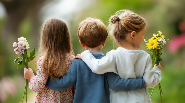 Rear view of three children of different heights standing together in a garden each holding a flower stem, siblings family concept, mothers day togetherness, defocused background, with copy