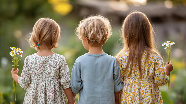 Rear view of three children of different heights standing together in a garden each holding a flower stem, siblings family concept, mothers day togetherness, defocused background, with copy
