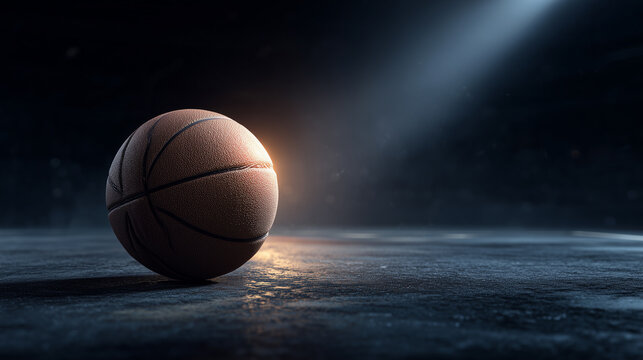basketball resting on a dark court