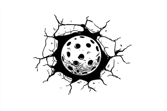 Black and white  illustration of a pickleball ball breaking through a cracked wall, dynamic impact effect, bold contrast design, perfect for sports branding and graphic prints.