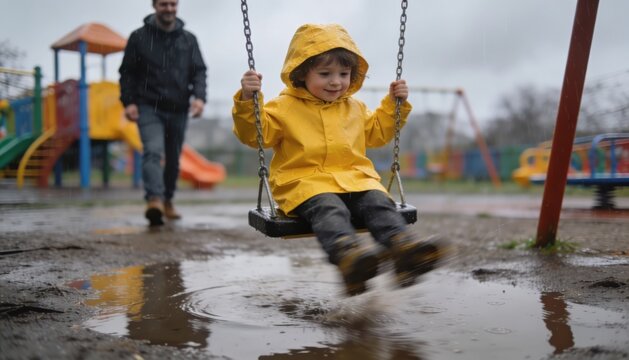 Child on swing in raincoat with adult figure blurred behind rainy playground