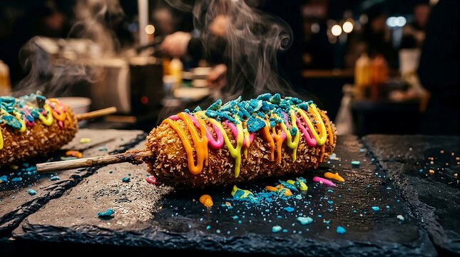 Steaming loaded corn dog with colorful toppings and drizzles on slate stone in busy market stall.