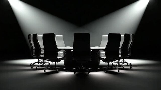 Illuminated Negotiation: A modern conference room, bathed in dramatic lighting, sets the stage for strategic discussions, innovation, and decision-making.