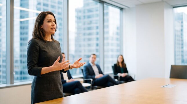 Professional woman giving confident presentation in modern glass office boardroom with attentive colleagues listening and city skyline view, conveying leadership and engagement
