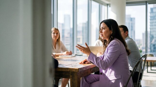 Woman in lavender suit speaking at modern conference table during business meeting with colleagues in bright office, confident expressive discussion and collaboration