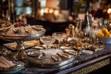 Fototapeta premium Elegant seafood bar scene with fresh oysters on ice, champagne glasses, and refined dining atmosphere, capturing luxury gastronomy and upscale restaurant ambiance. 