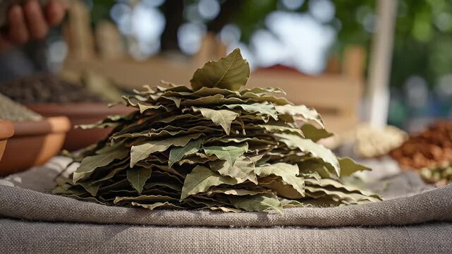 Close-up of aromatic dried bay leaves piled on rustic burlap, showcasing earthy green tones and natural light at an outdoor market.