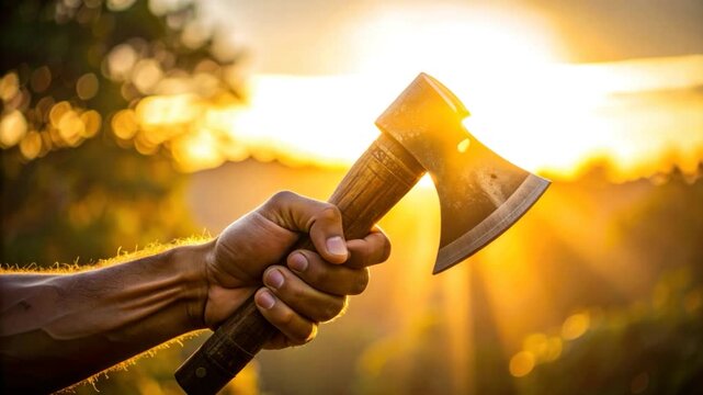 A hand grasps an axe in sunlight, beams radiating, with blurred background