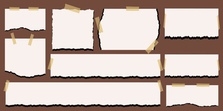 Torn sheets of paper with jagged edges. Collection realistic ripped pieces of scrap papers. Sticky notes, shreds of notebook pages. Torn sheets of paper. Torn paper strips set. Vector