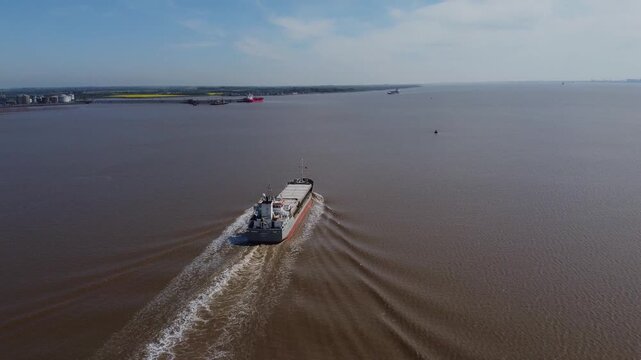 Drone. Empty container ship on the river Hull. UK 