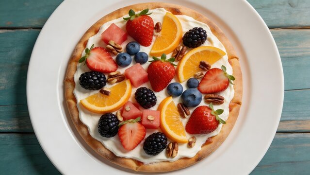 Fruit pizza with cream and assorted fruits
