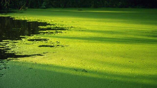 Emerald Pond: A serene vista of a pond, with water blanketed by a vibrant layer of green algae, creating a mesmerizing natural landscape.