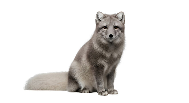 arctic fox sitting with fluffy tail thick gray fur white background