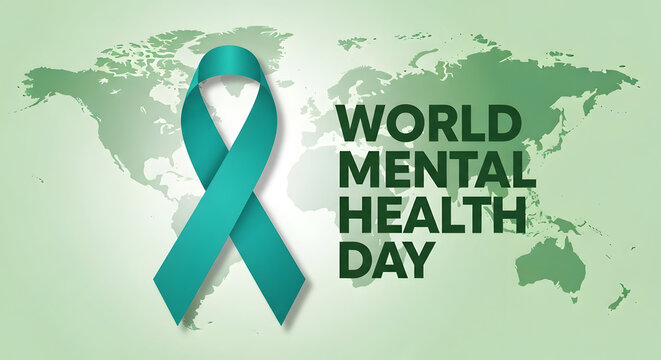 World mental health day with teal ribbon and world map awareness consciousness