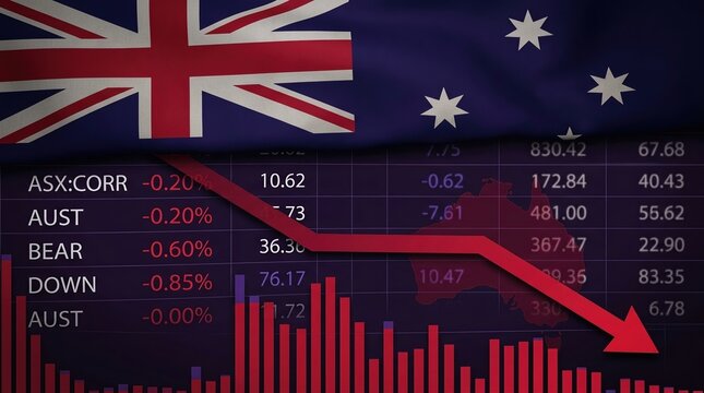 Australia, stock market, economy, crash, recession, finance, flag with a red downward arrow showing financial decline, market loss, and economic crisis on a trading screen background.