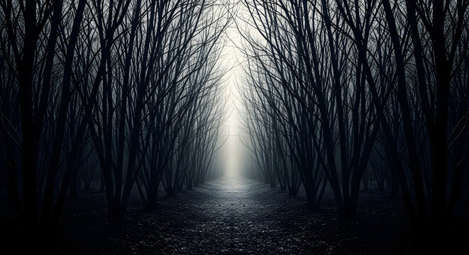 Dark and spooky forest path with tall trees and glowing mist, landscape