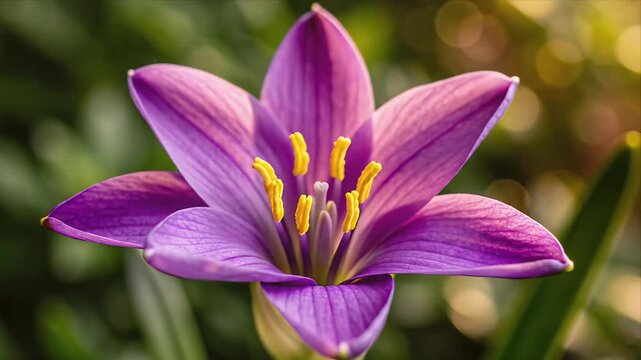 Zephyranthes Blossoming with Purple Petals and Yellow Stamens in Natural Bokeh Background Zephyr Lily Rain Lily Fairy