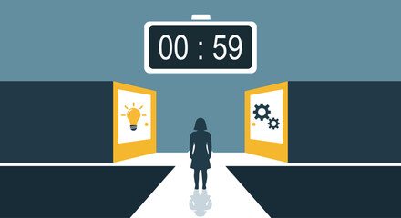 Woman at crossroads choosing between creativity and logic under time pressure countdown timer for decision making concept © IDR TAO