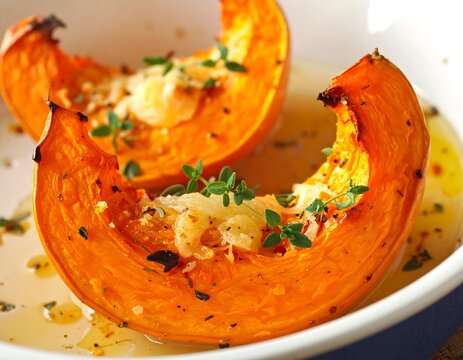 Slices of roasted winter squash, glistening with oil and herbs, rest in a shallow dish. The close-up showcases vibrant orange and green hues