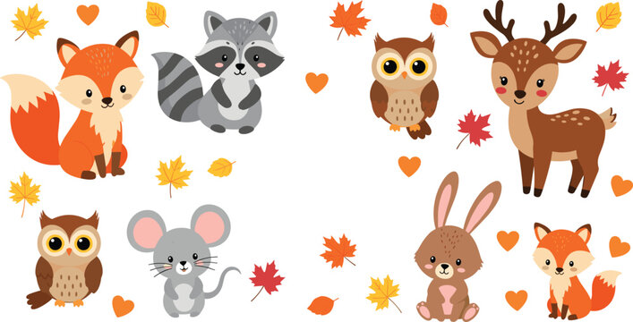 Cute forest animals collection fox raccoon owl deer rabbit mouse with autumn leaves cartoon vector illustration woodland wildlife set