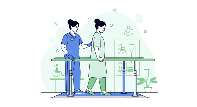 Physical therapist assisting patient walking on parallel bars for rehabilitation and recovery