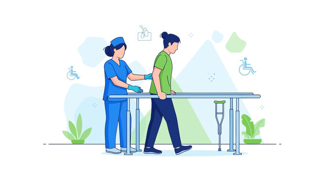 Physical therapist assisting patient walking with parallel bars and crutches for rehabilitation