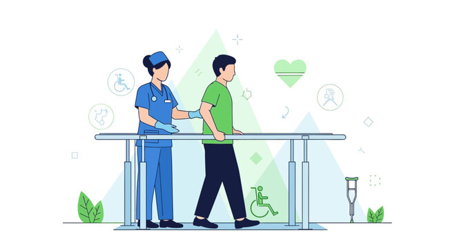 Physical therapist assisting patient walking with parallel bars for rehabilitation and recovery