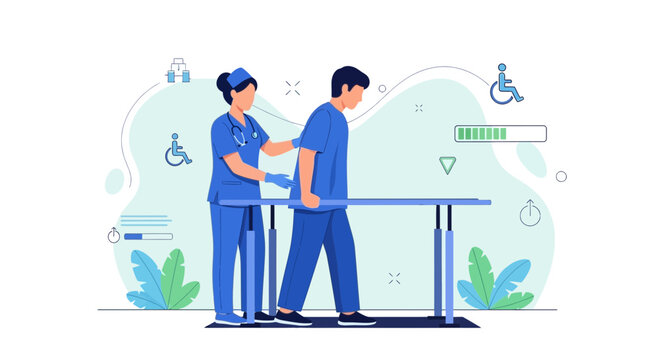 Physical therapist assisting patient walking on treadmill with parallel bars for rehabilitation