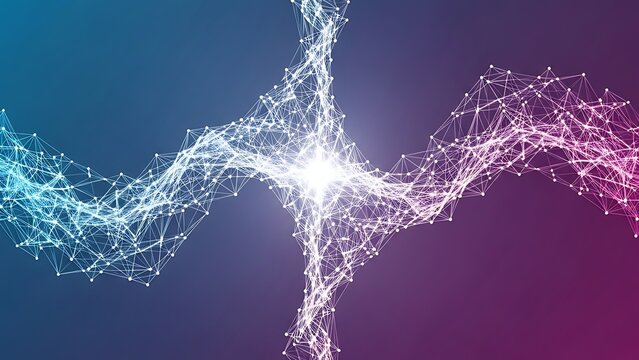 Abstract digital network of glowing nodes and lines against a gradient blue and pink background, representing connectivity and data flow