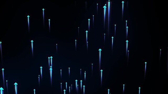 Animated glowing blue arrows moving upward on a black background. Futuristic digital growth, progress, success, and financial rise