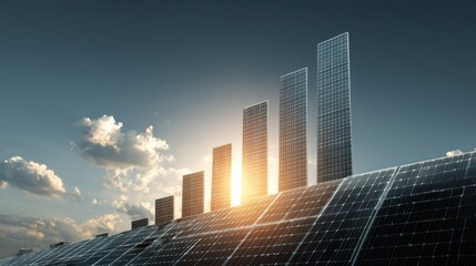 Obraz premium Solar panels forming rising bars on a graph, illustrating growth and sustainable energy
