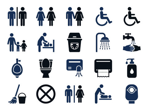 Graphic icon set for universal public restroom and hygiene signage, guiding users to facilities, accessibility, and services in public settings.