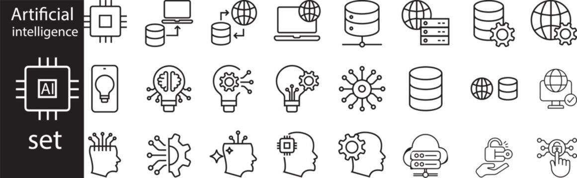 Technology Line Icons Collection Artificial Intelligence Outline Icons Machine Learning UI UX Outline Symbols Set Vector Icons Set,Web and App.