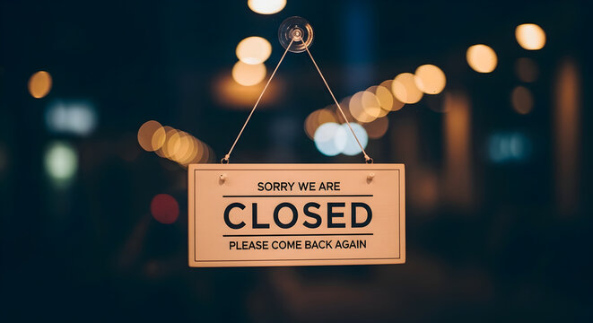 Business Closed Signage hanging on a glass door with blurred night city lights bokeh background ideal for retail store closing or end of business hours concepts.