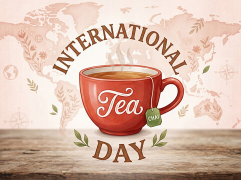 Warm cup of tea celebrated on international tea day with world map background and floral accents