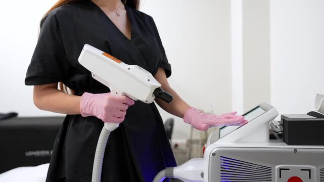 Professional cosmetologist in a clinic preparing modern laser equipment for a tattoo removal procedure, setting the parameters on the touch screen before starting the aesthetic treatment