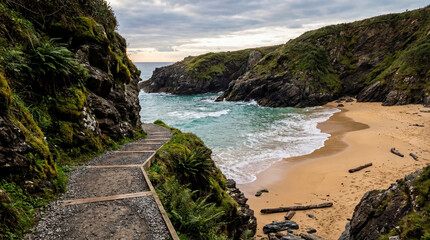 Obraz premium Seashore Pathway Beneath Mossy Cliffs with Gentle Waves and Sand for Scenic Coastal Retreats