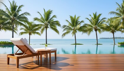 Fototapeta premium Idyllic palm tree resort and relaxation scene with infinity pool overlooking the ocean for summer travel concept featuring luxury lounge and peaceful tropical atmosphere