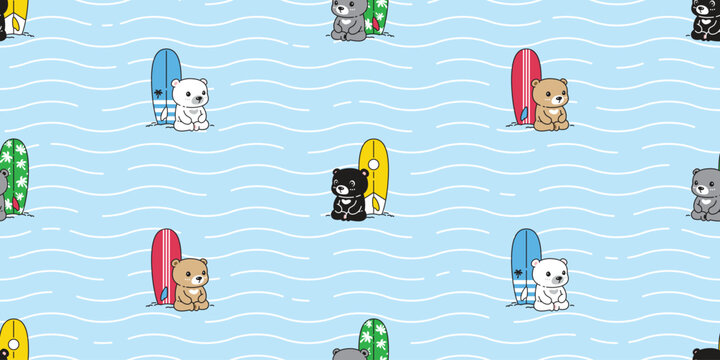 bear seamless pattern polar bear sitting surfboard surf sport beach ocean summer cartoon vector doodle teddy tile background gift wrapping paper scarf isolated repeat wallpaper illustration design