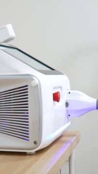 Protective glasses resting on a wooden table with a professional nd yag laser machine in the background, ready for a cosmetic dermatology procedure to remove unwanted tattoos or permanent makeup