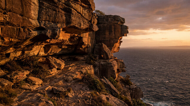 Side view of rugged cliff with sheer drop and intricate rocky textures in sunlight