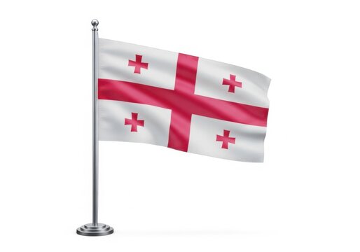 Flag of georgia on a flagpole, isolated on white background